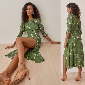 Reformation Carolena Floral Print Split Hem Dress in Lomita (Green), size 12